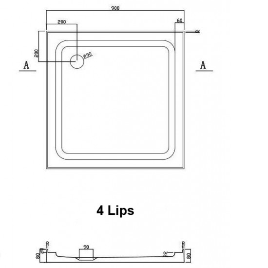 900x900mm Four Lips Square Shower Tray Center/Corner Waste